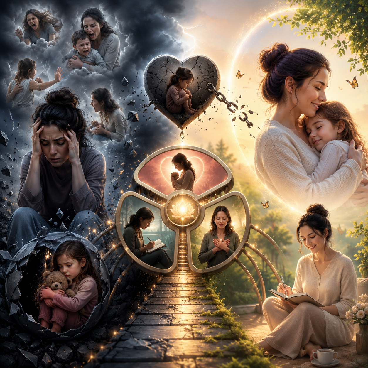 Illustration of a mother's journey from emotional overwhelm toward connection and calm